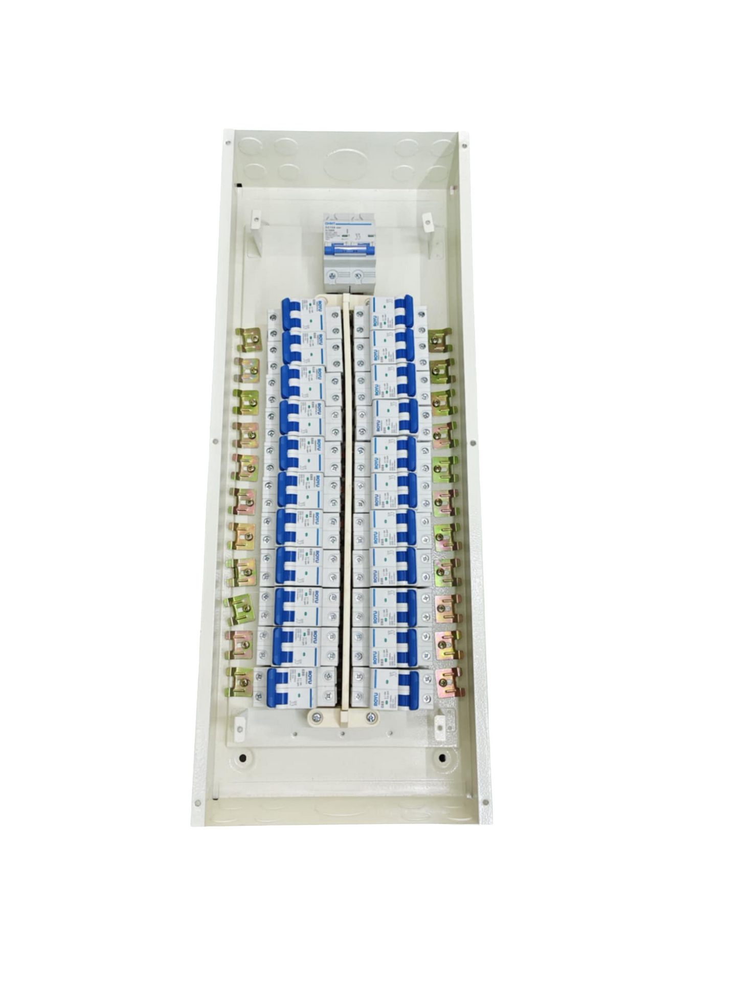 Chint 125A panel board with circuit breaker. White metal distribution panel with multiple blue MCBs and copper busbars
