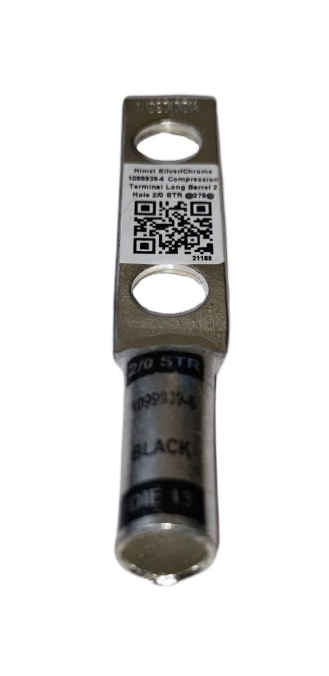 Utilux Terminal Lugs Long Barrel 2 Holes 60mm copper two hole lug with long barrel crimped to black cable