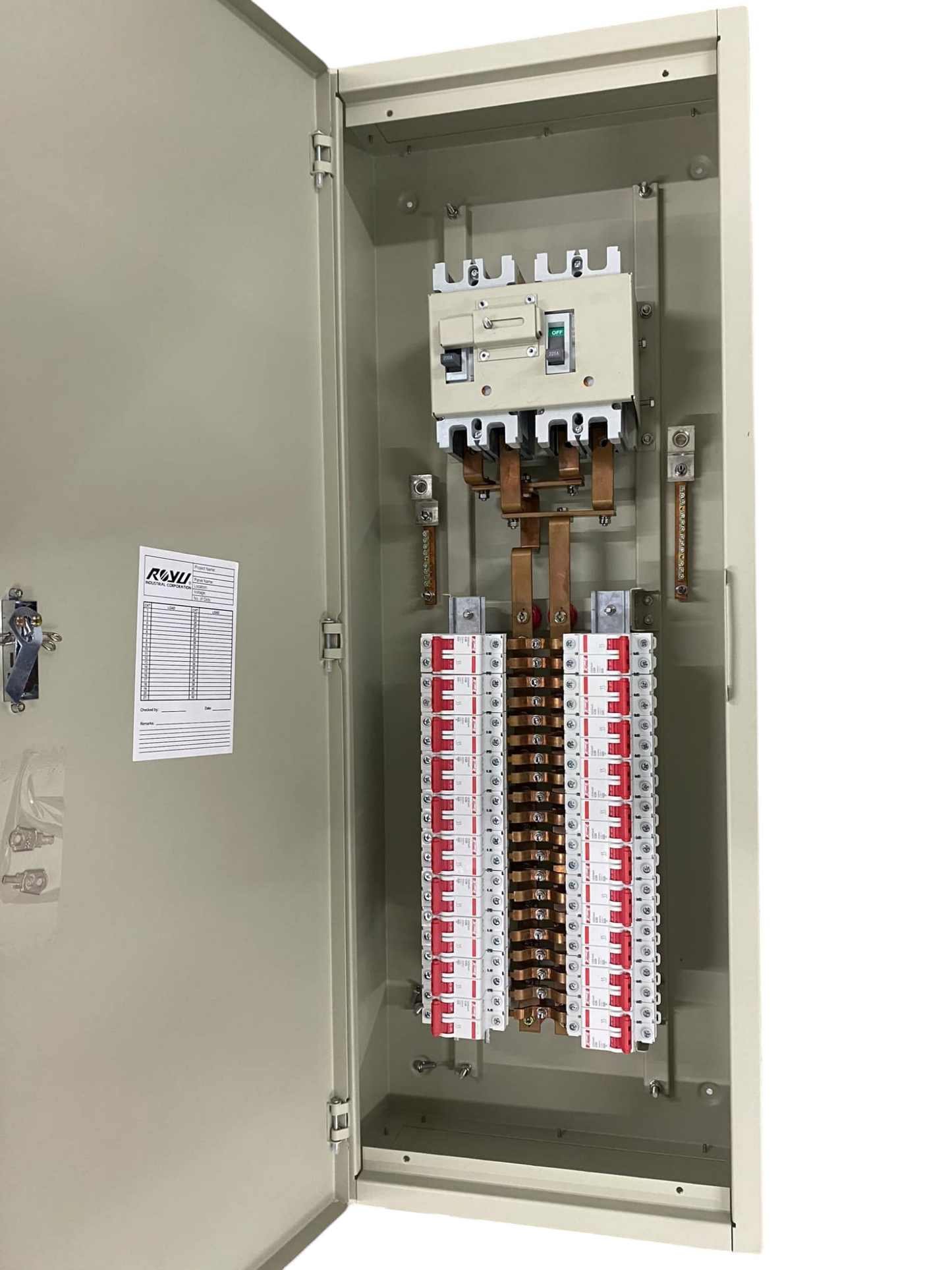 Chint 225A 2 pole MCCB panel board with main MCCB and dual rows of circuit breakers inside metal enclosure