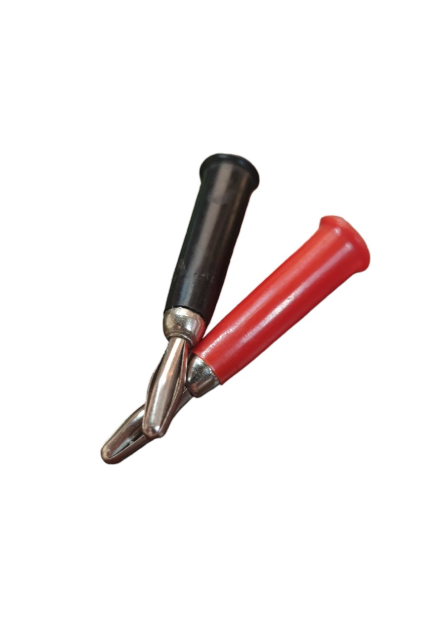 Red and black banana plug pair from Electx Electrical Supply for secure electrical connections