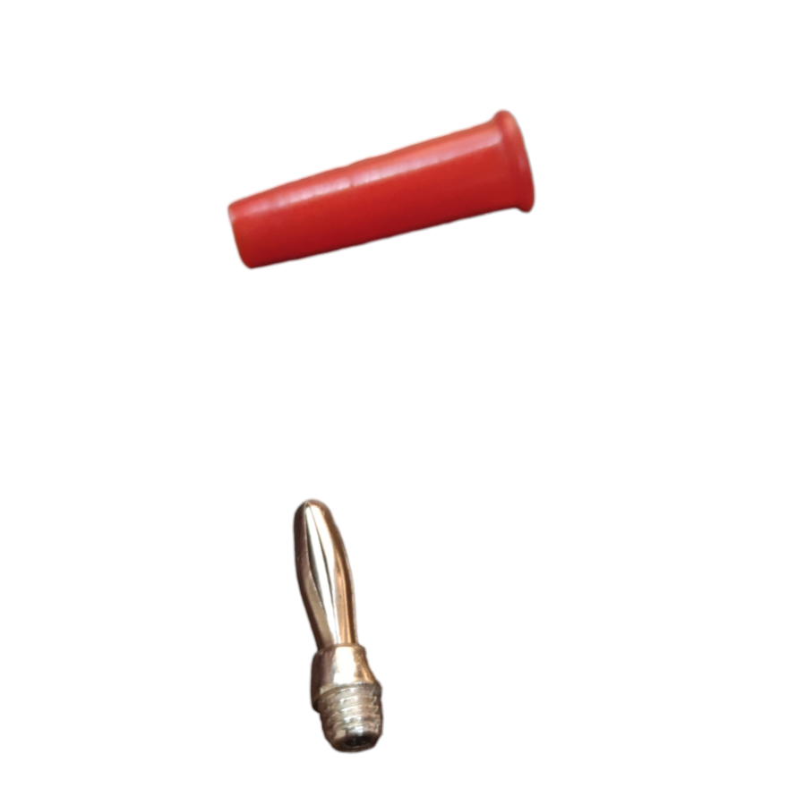 Red and black banana plug components including a red plastic cover and metal connector for electrical circuitry