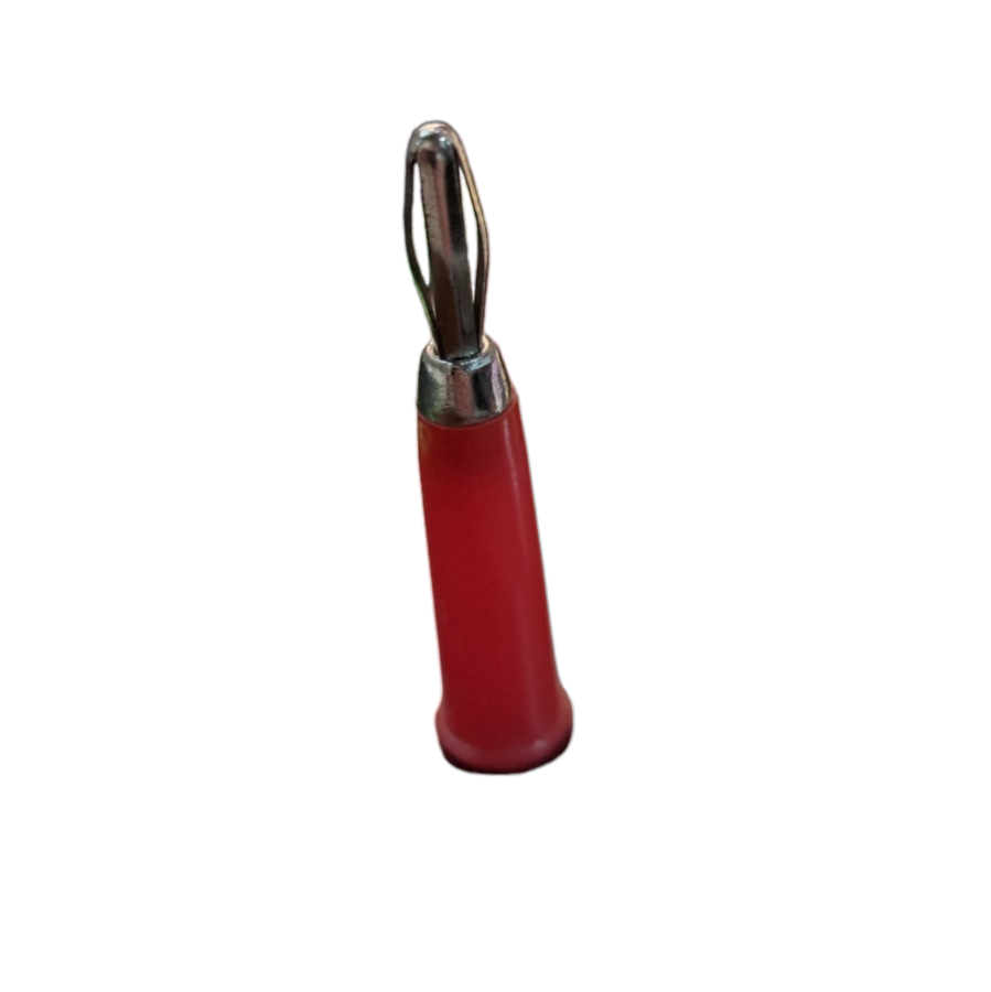 Red and black banana plug electrical connector from Electx Electrical Supply on black background