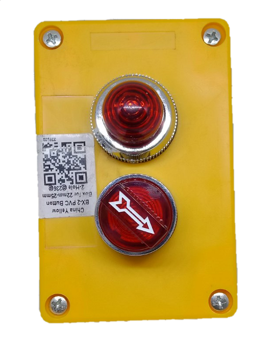 Auspicious red illuminated selector switch mounted on a yellow power points and switches panel