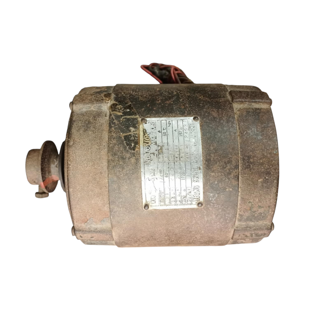 Kinma induction motor single phase refurbished with worn metal casing and label on white background