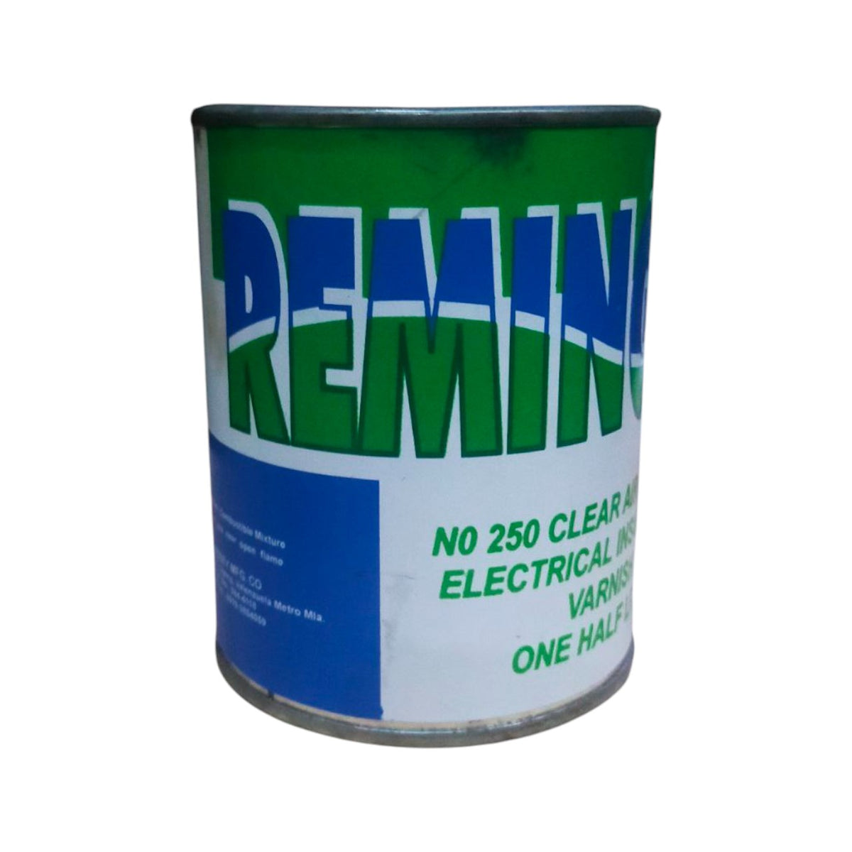 Remington clear electrical varnish in a green and blue can for insulation and sealing applications