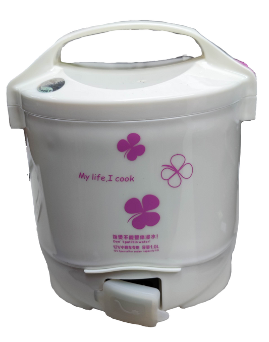 Compact Rice Cooker 1 Liter 12V DC with purple designs and easy-carry handle for quick meals
