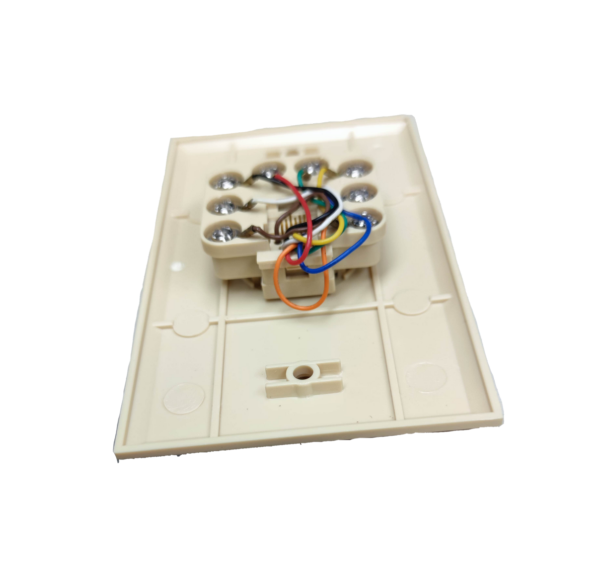 Taiwan made RJ45 wall socket for ethernet with visible colored wiring and screw terminals