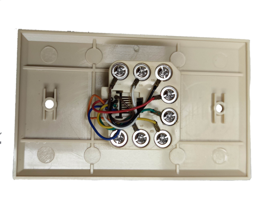 Back view of Taiwan made RJ45 wall socket for ethernet showing wiring and screw terminals