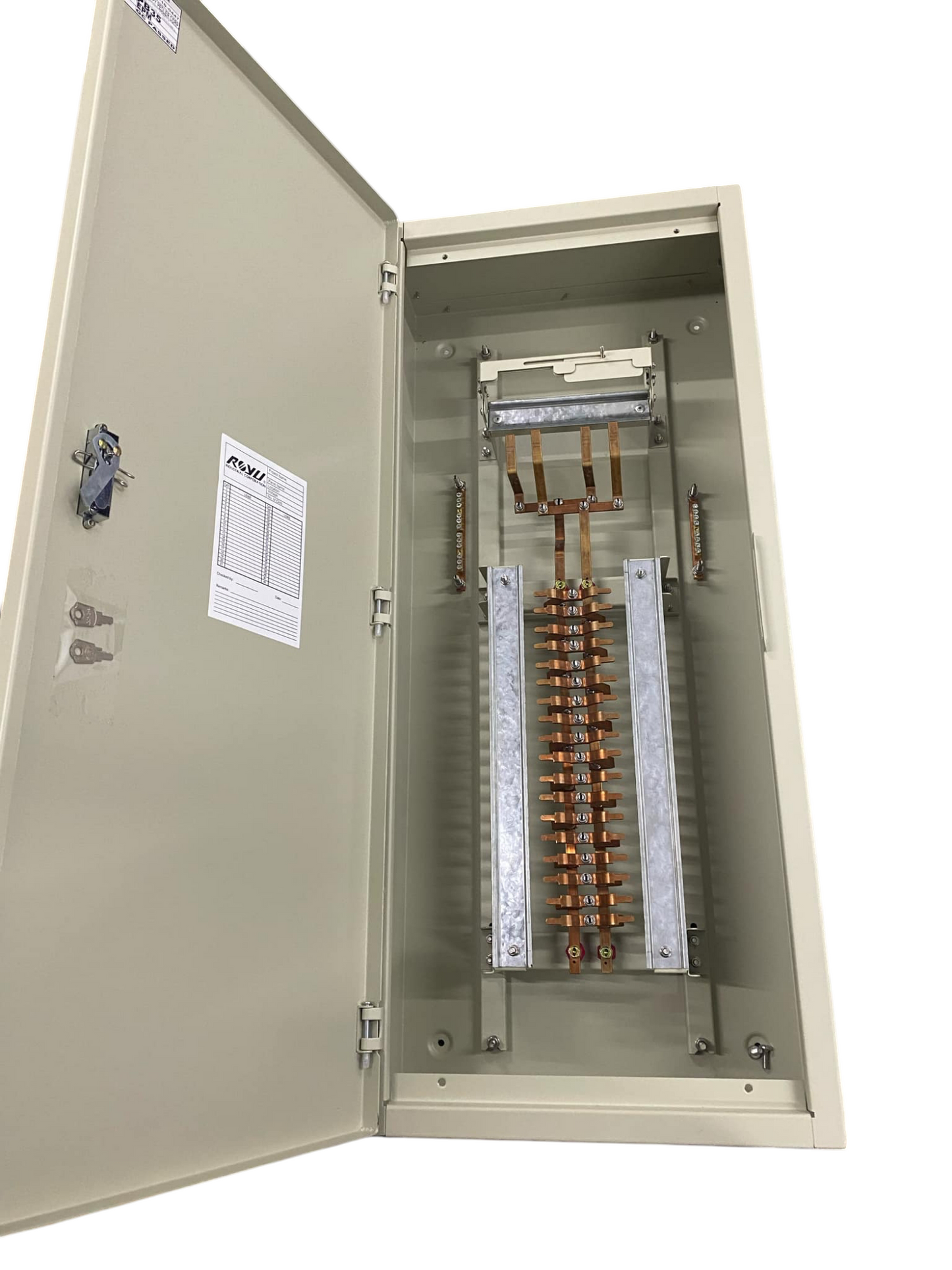 Chint miniature circuit breaker panel 18 branches beige metal enclosure open showing copper busbars and mounting rails