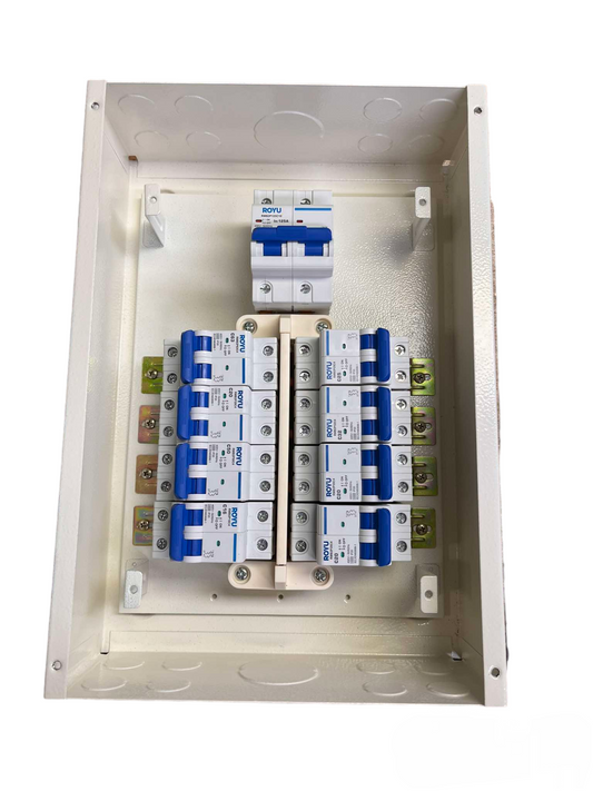 Royu & Koten electrical panel board with 125A 2Pole Main circuit breakers in white metal enclosure