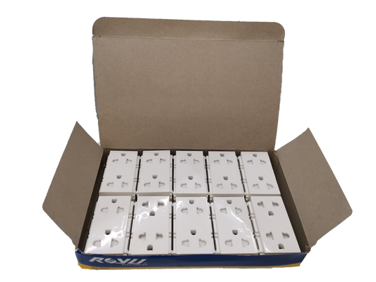 Box of Royu Universal Outlet with Ground RWO11 power points with white casing