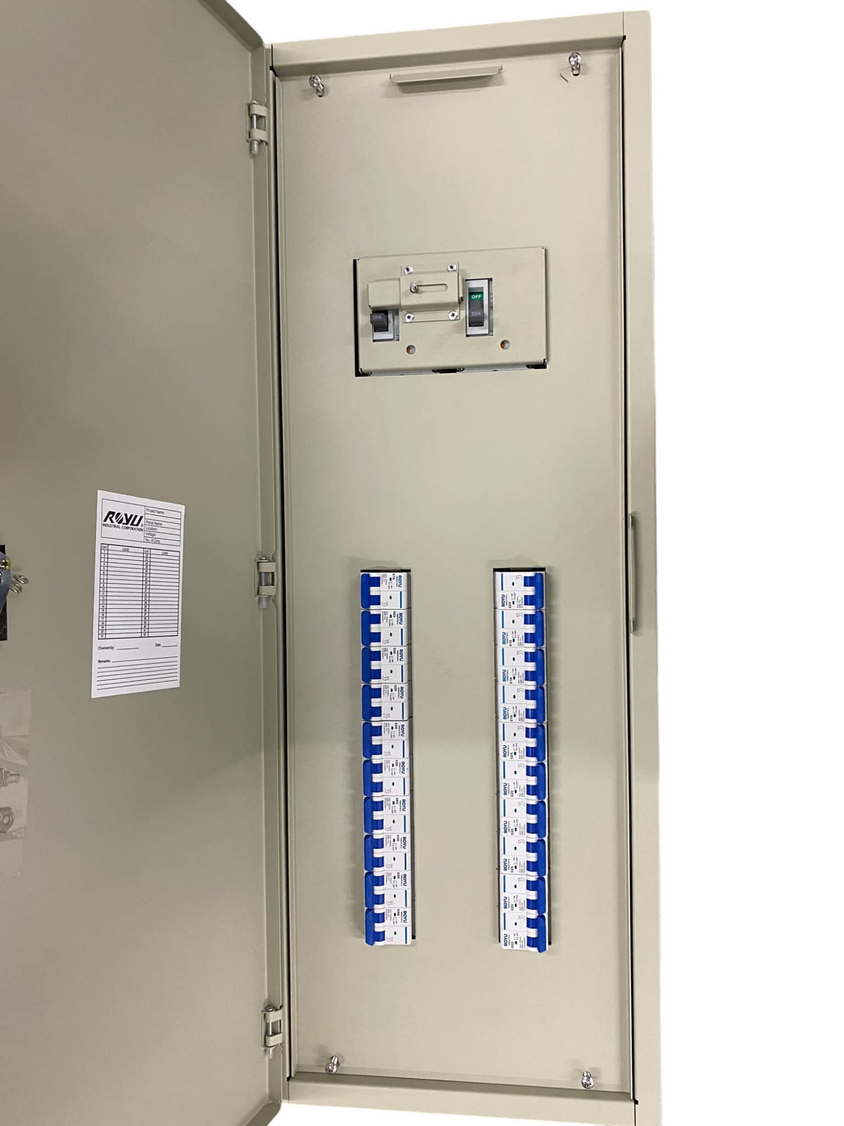 Chint 200A 2 pole main MCCB panel board with open metal enclosure and two rows of blue modular breakers