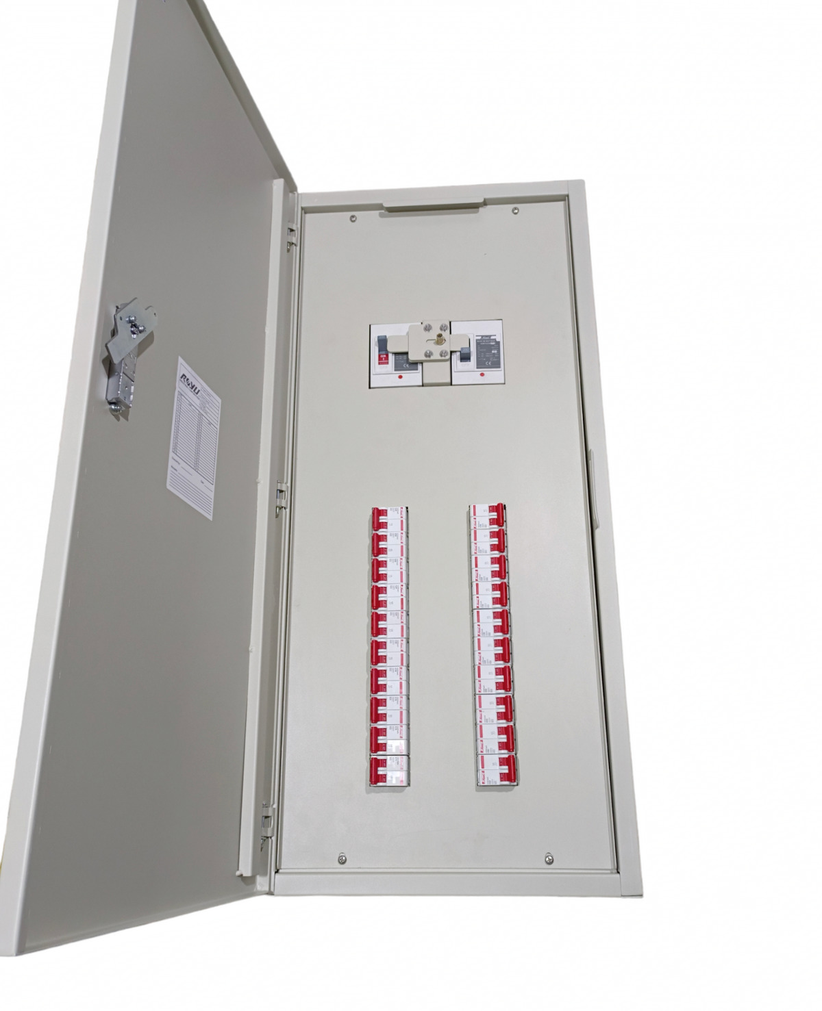Chint 200A 2 pole main MCCB panel board with open gray metal enclosure and two rows of red circuit breakers