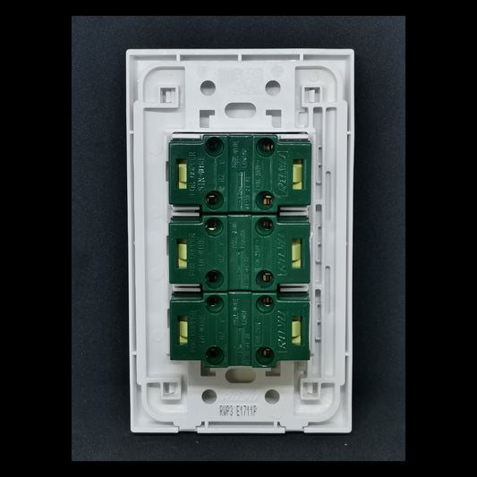 Royu 3 gang universal outlet with plate showing green socket connectors and white mounting frame