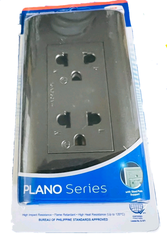 Royu Universal Outlet 15A 250V Dark Gray from Plano Series with dual power sockets and steel plate support