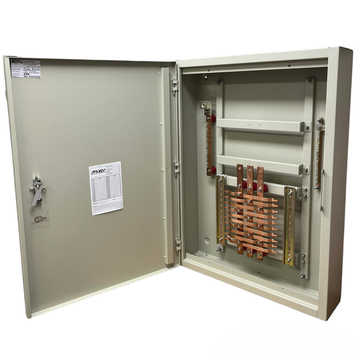 Schneider Royu Panel Board 250A 3 Pole MCCB Main electrical circuitry with open grey metal enclosure