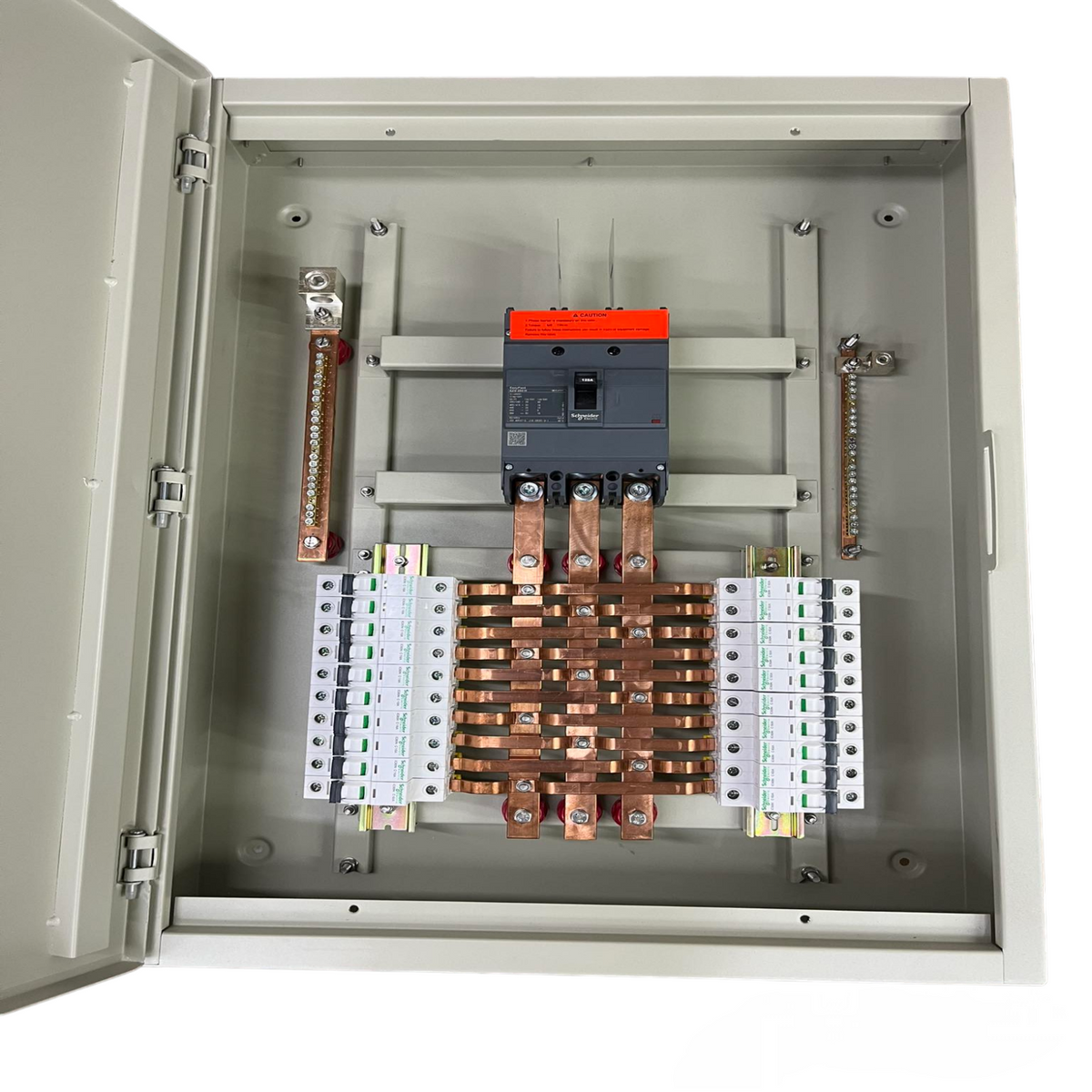 Schneider and Royu Panel Board 250A 3 Pole MCCB Main electrical circuitry inside metal enclosure