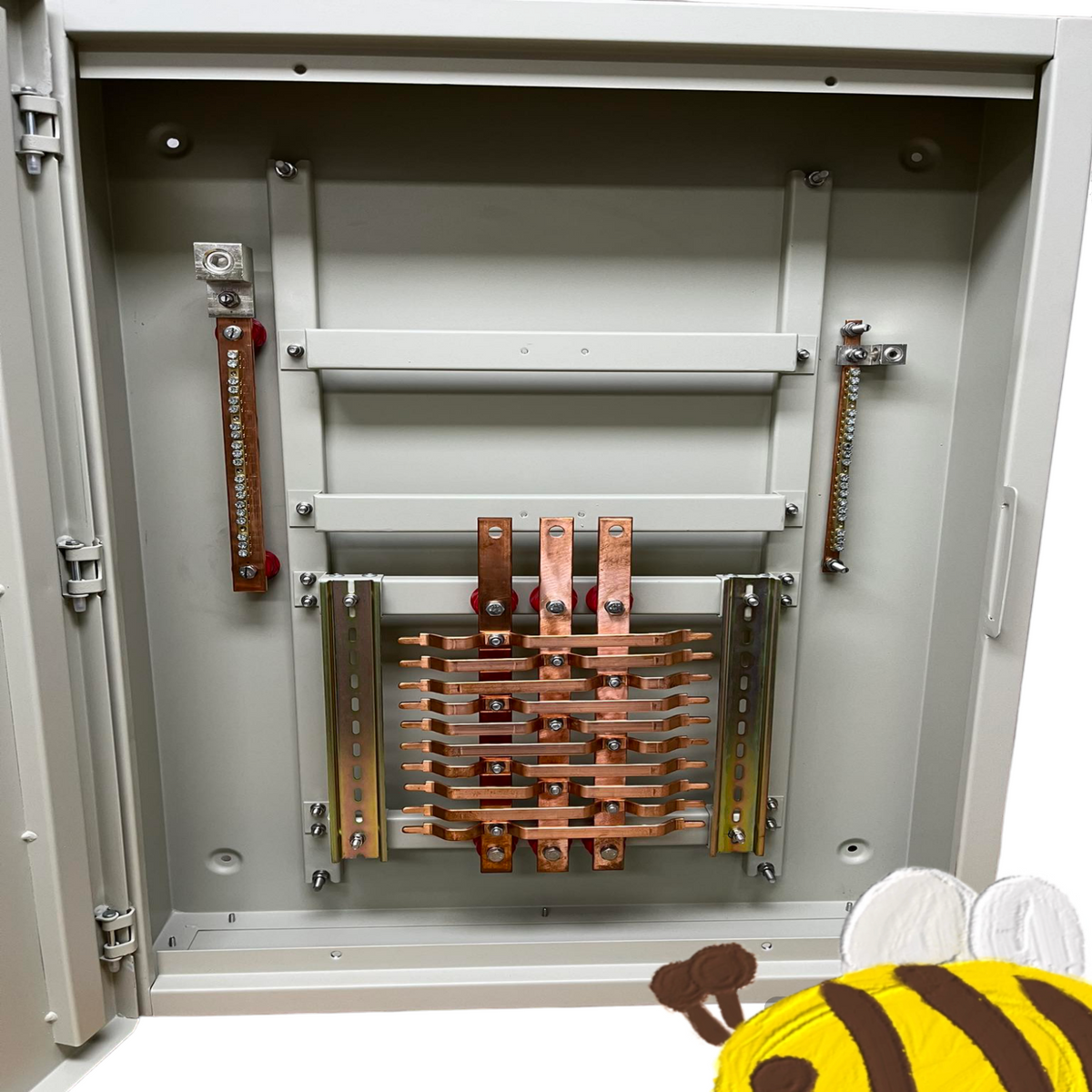 Panel Board 250A 3 Pole MCCB Main electrical circuitry components inside a metal enclosure by Schneider and Royu