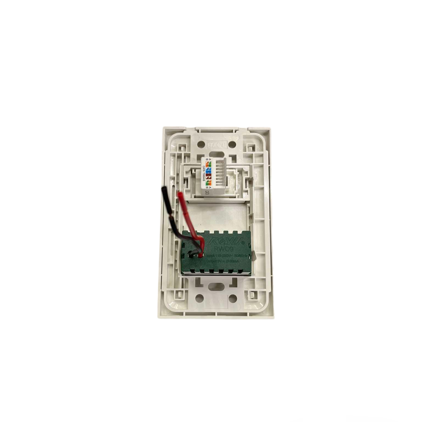 Royu USB 2 Port 2100mAh 5V and LAN Outlet wall plate back view showing internal wiring and PCB