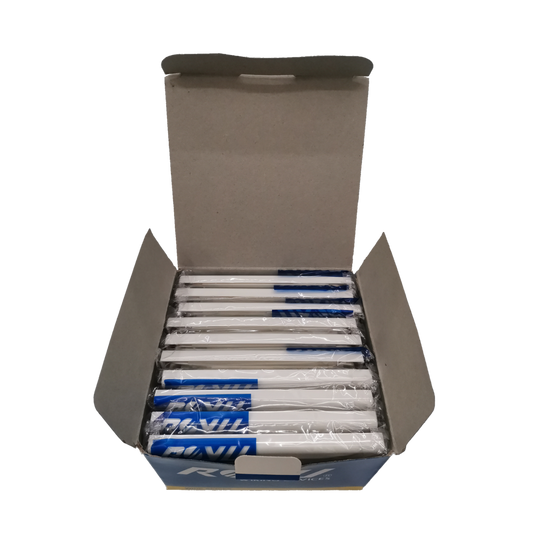 Box of Royu white Blank Faceplate Cover Plate units stacked in plastic packaging for power points and switches