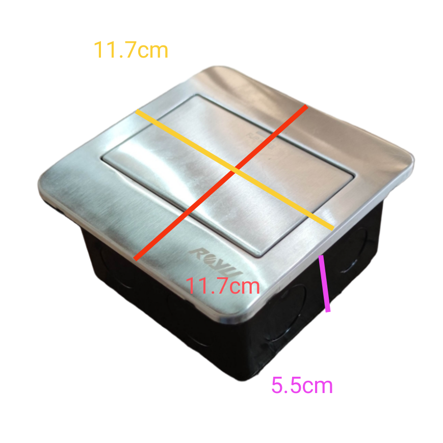 Royu floor outlet fixture for RWF50 with stainless steel cover and square design measuring 11.7 cm