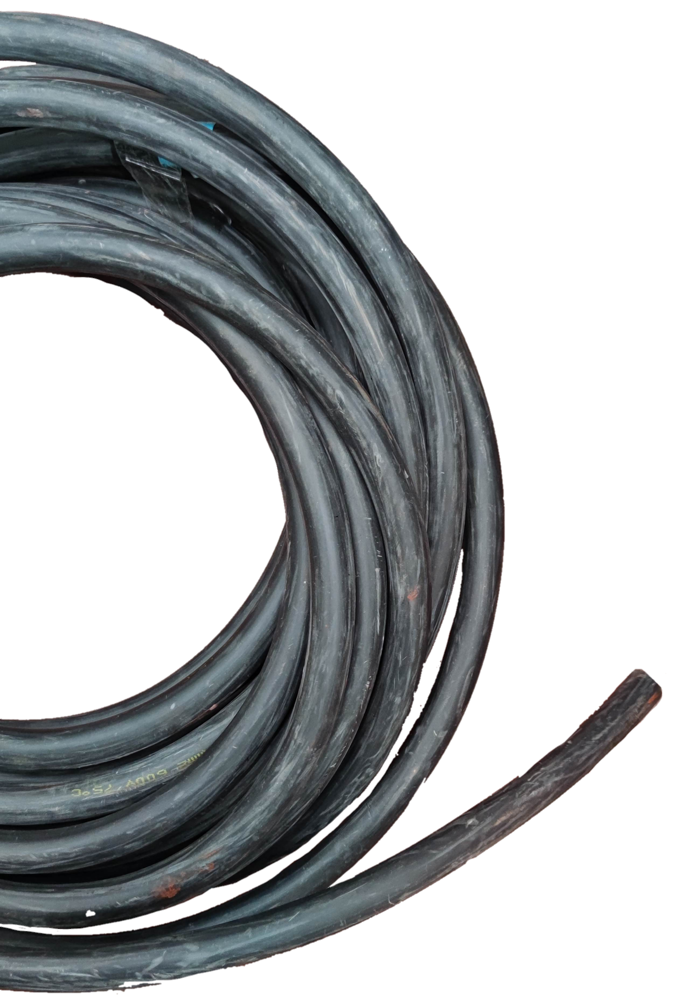 Phelps Dodge 14mm 4 core royal cord heavy-duty electrical wire coiled on black background