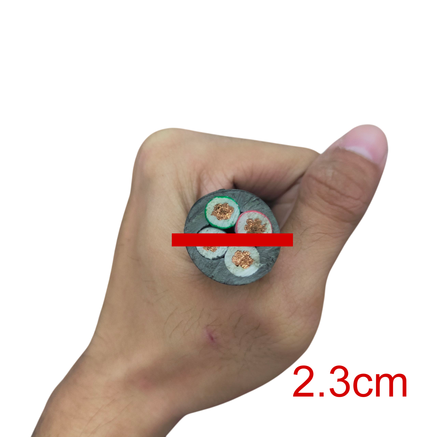 Hand holding a cross-section of 14mm 4 core royal cord wire with visible copper cores and insulation
