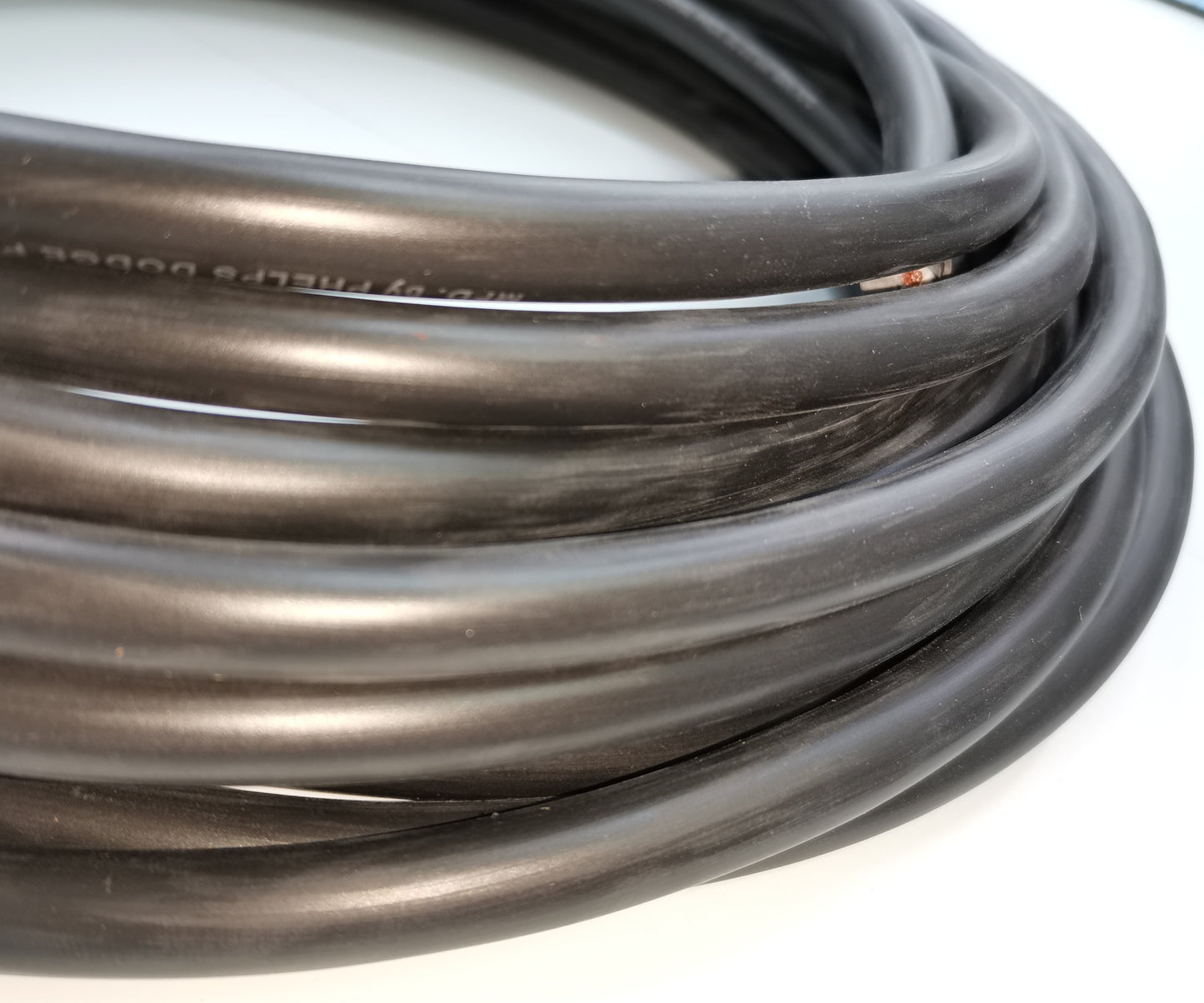 Coiled black royal cord 3.5mm 2 core wire 50 meters by Phelps Dodge for electrical use