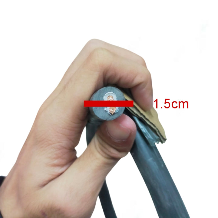 Hand holding royal cord 3.5mm 2 core wire 50 meters showing copper inner wire and insulation