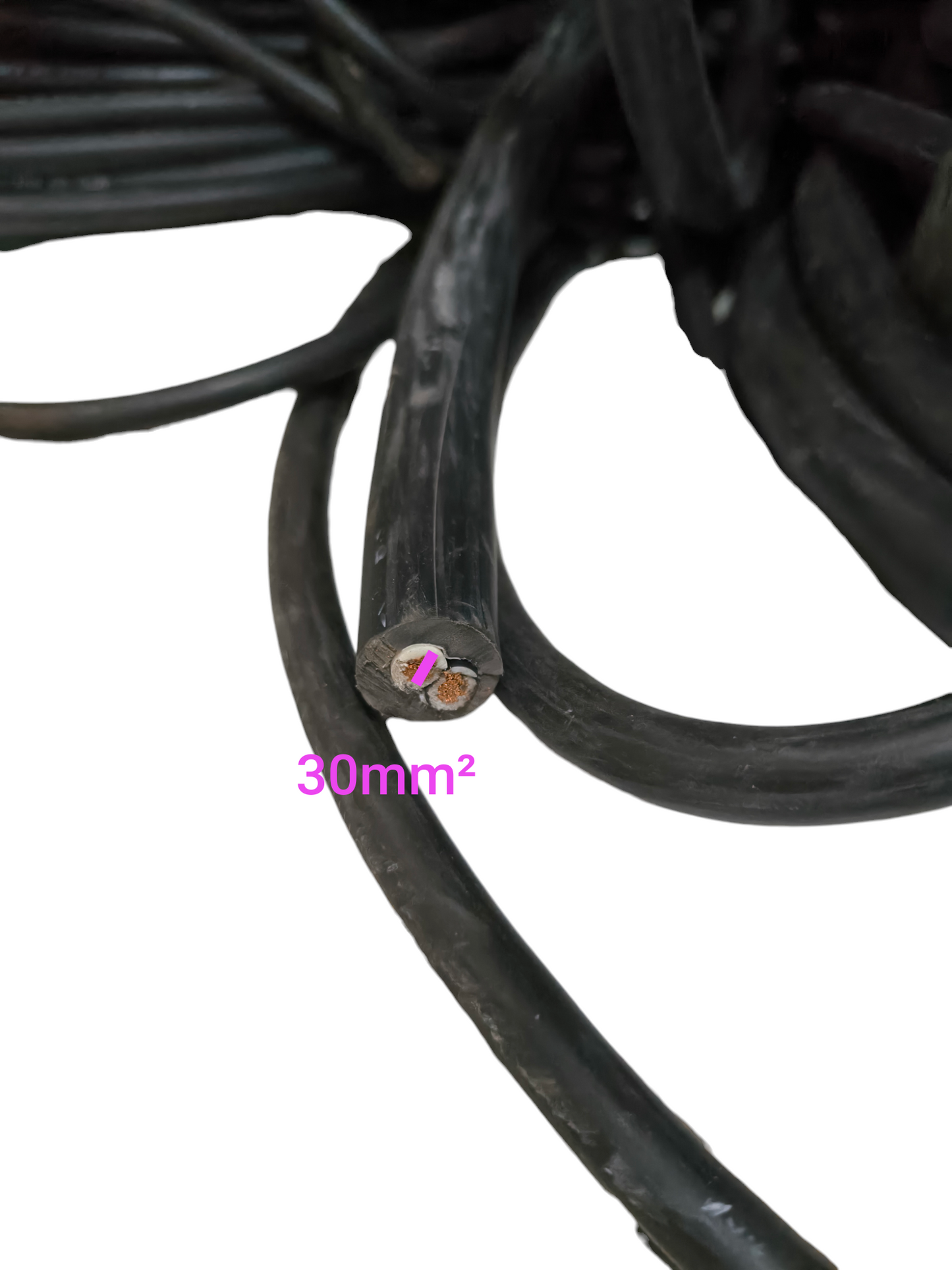 Black electrical cable labeled Royal Cord 30mm 2 Core - 60 Meters showing copper wire core