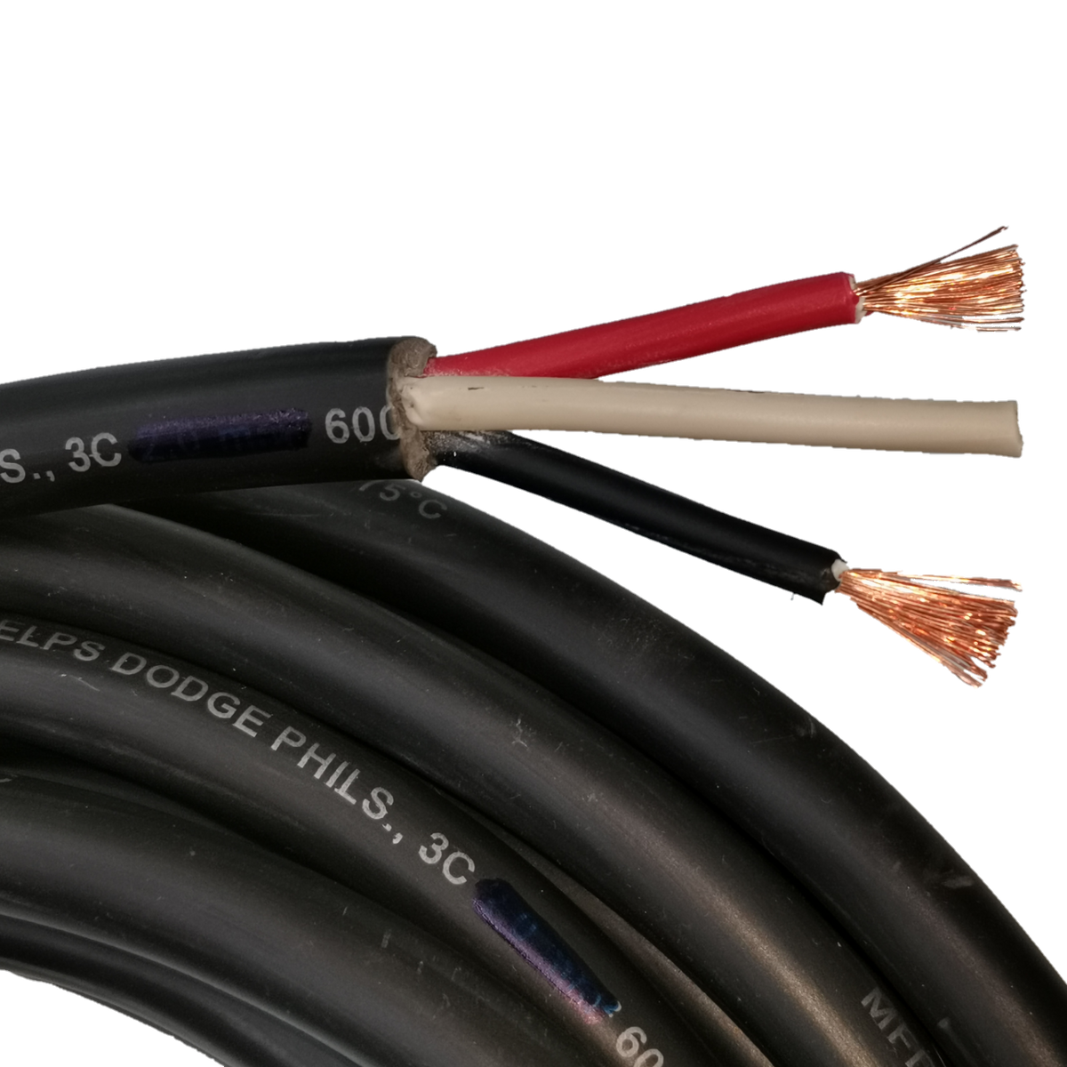 Phelps Dodge 0.75mm 3 core royal cord with exposed copper wires and black outer insulation