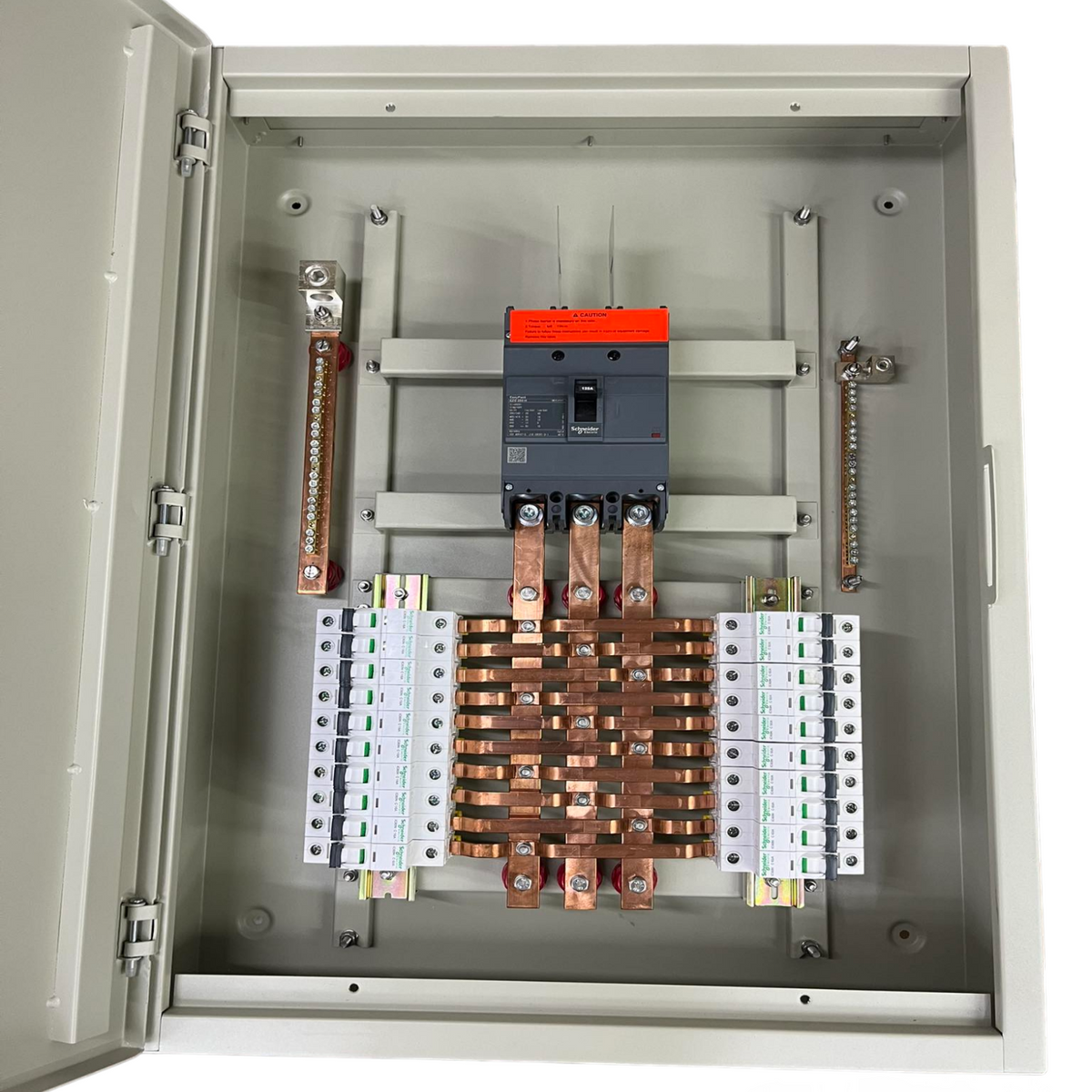 Panel Board 250A 3 Pole MCCB Main electrical circuitry part inside gray metal enclosure