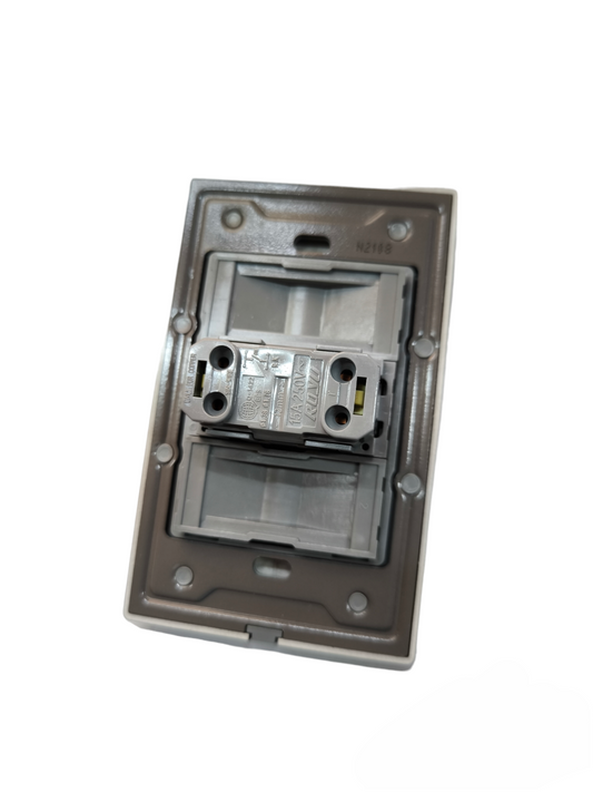 Back view of Royu 1 way switch dark gray showing wiring terminals and mounting plate