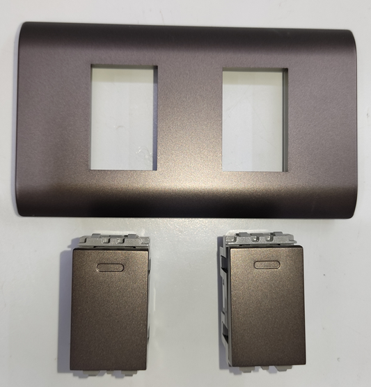 Royu 2 gang 3 way switch with bronze finish and matching faceplate for power points and switches