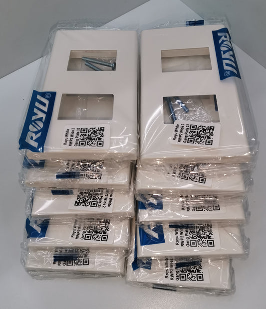 Stack of packaged Royu 2 gang faceplate power points and switches from Electx Electrical Supply