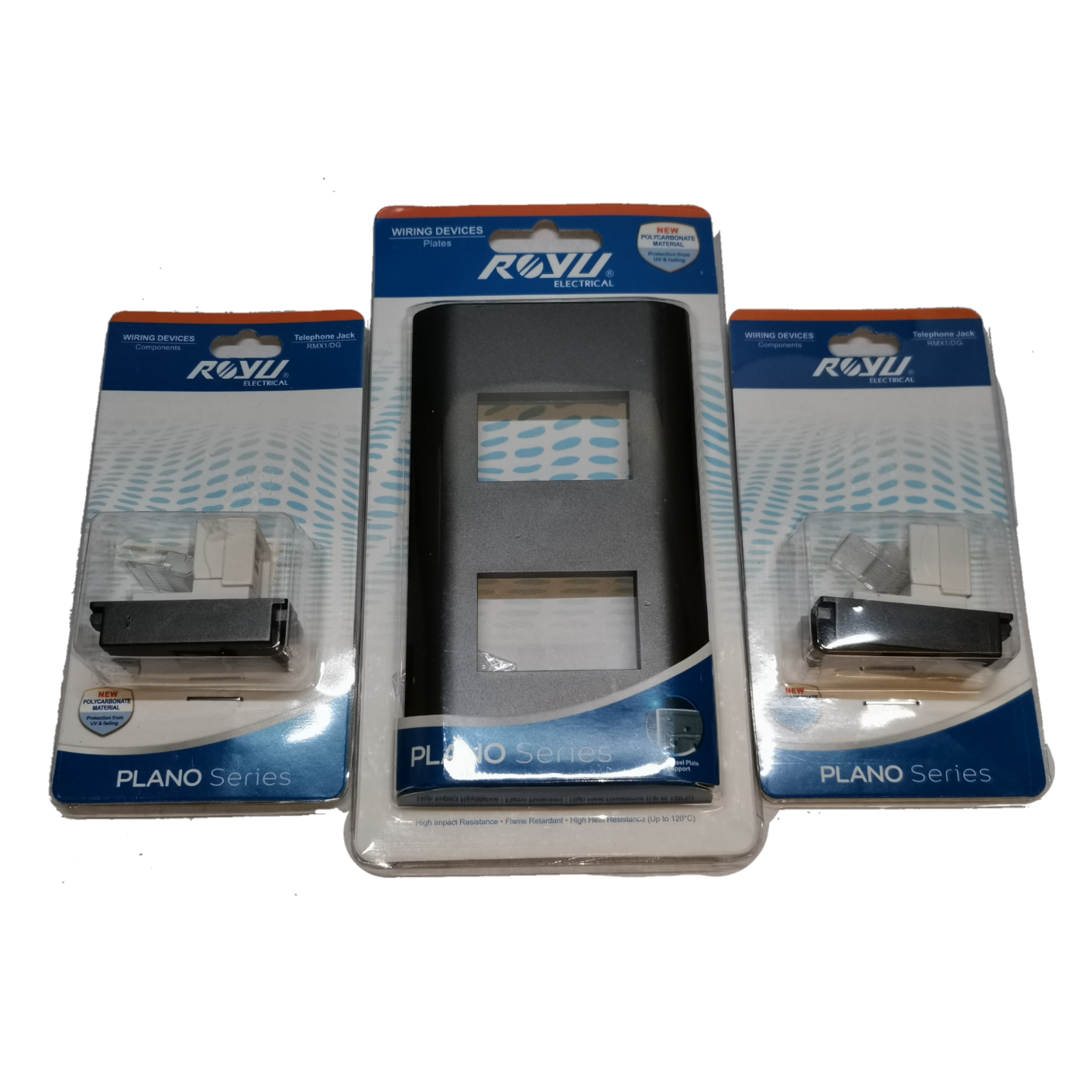 Royu 2 gang telephone outlet with wiring devices in Plano Series packaging for easy installation