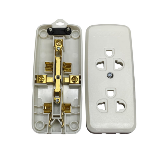Royu 2 gang universal outlet with ground showing front cover and internal wiring components