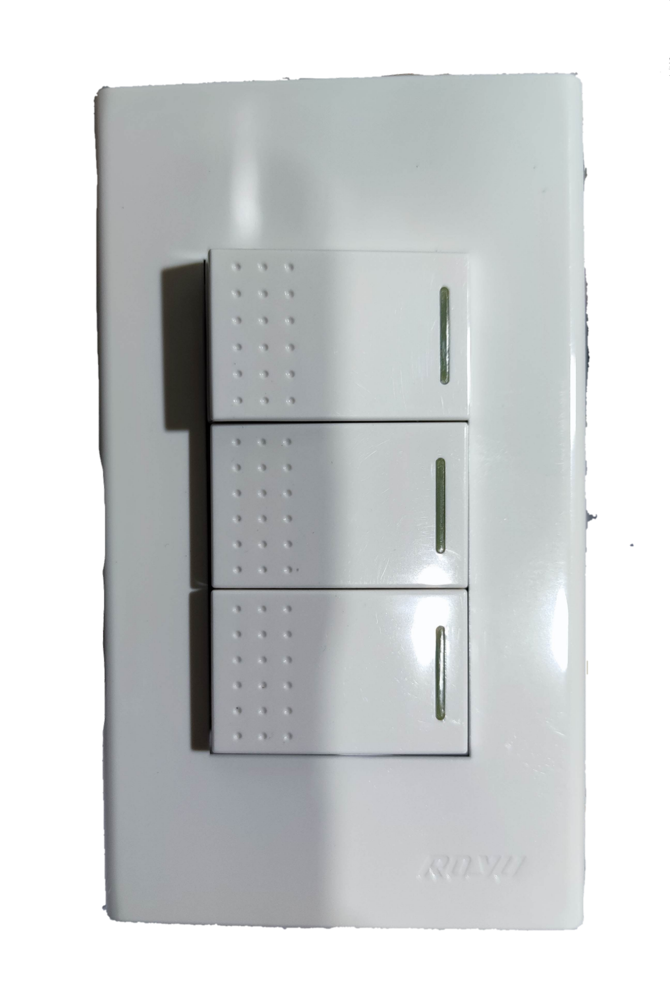 Royu 3 gang switch wall plate in white with three rectangular rocker switches and textured grip