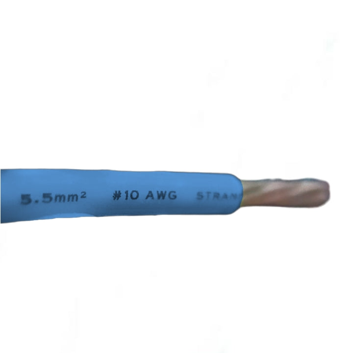 Close up of AWG 10 THHN-THWN Stranded Wire Blue showing blue insulation and exposed stranded copper conductor marked 5.5mm2