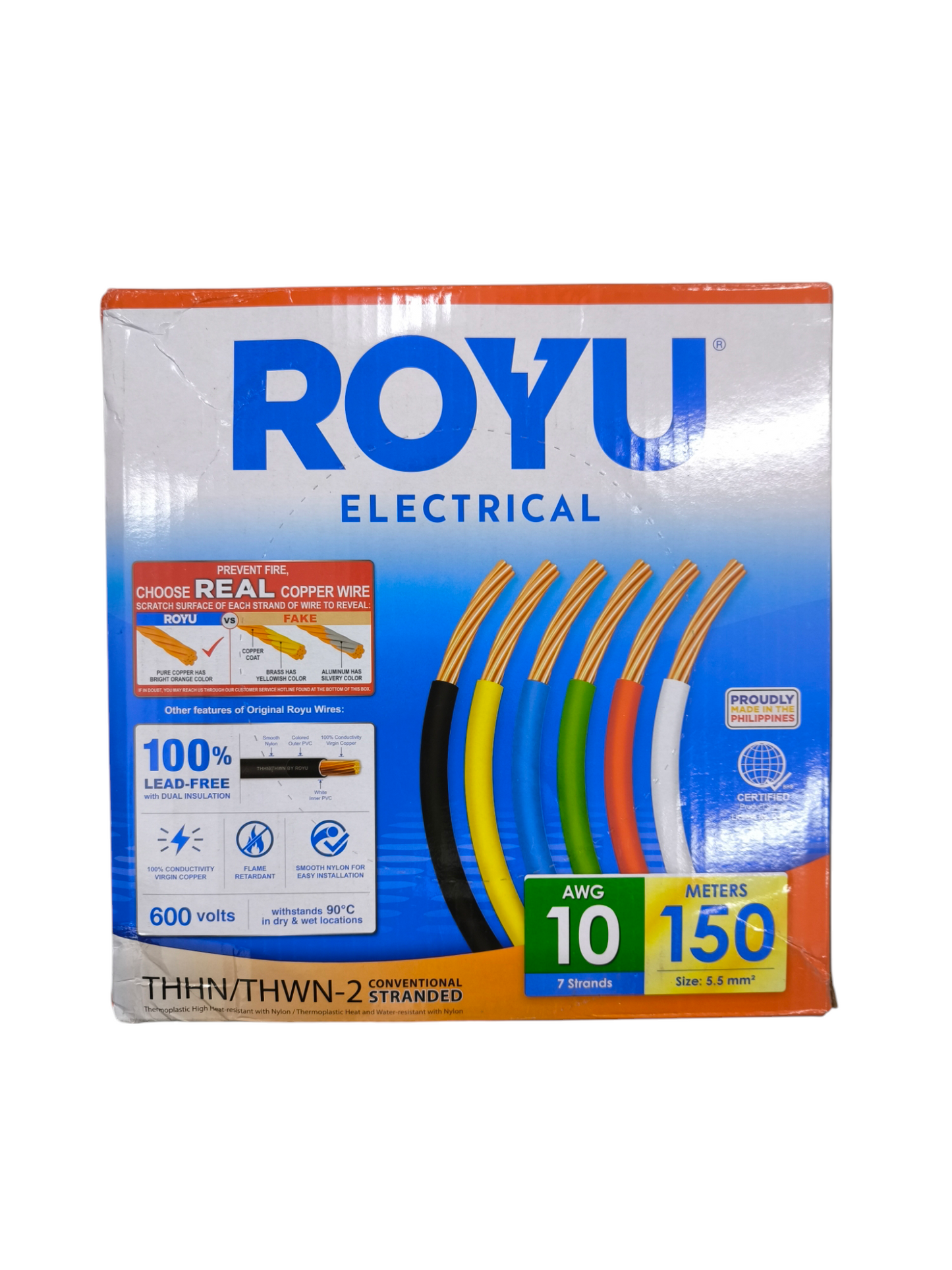 Royu electrical box showing AWG 10 THHN-THWN Stranded Wire Blue 150 meters multicolor stranded conductors