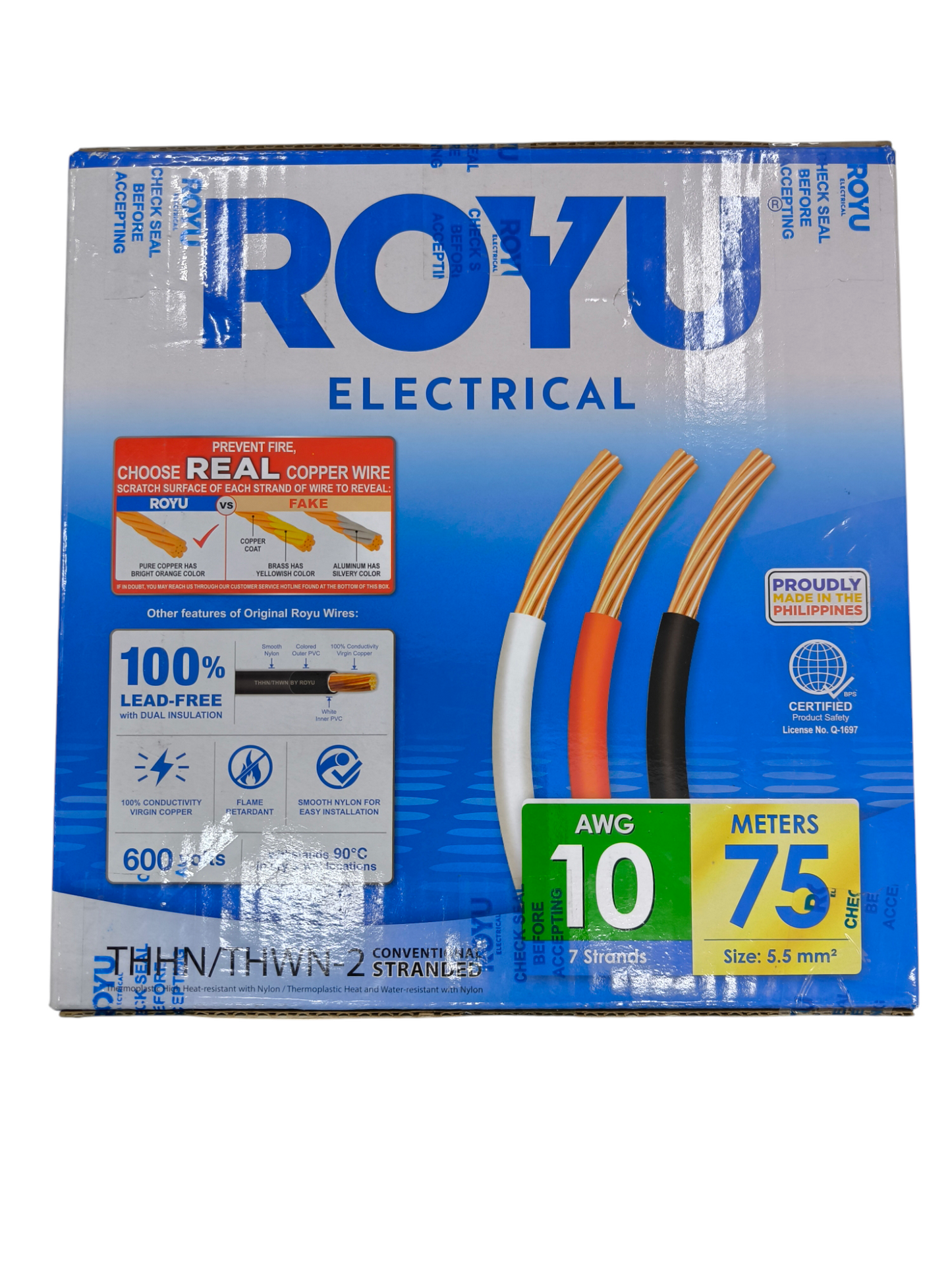 Royu Electrical box showing AWG 10 THHN-THWN Stranded Wire Blue with 75 meters spool and copper stranded conductors