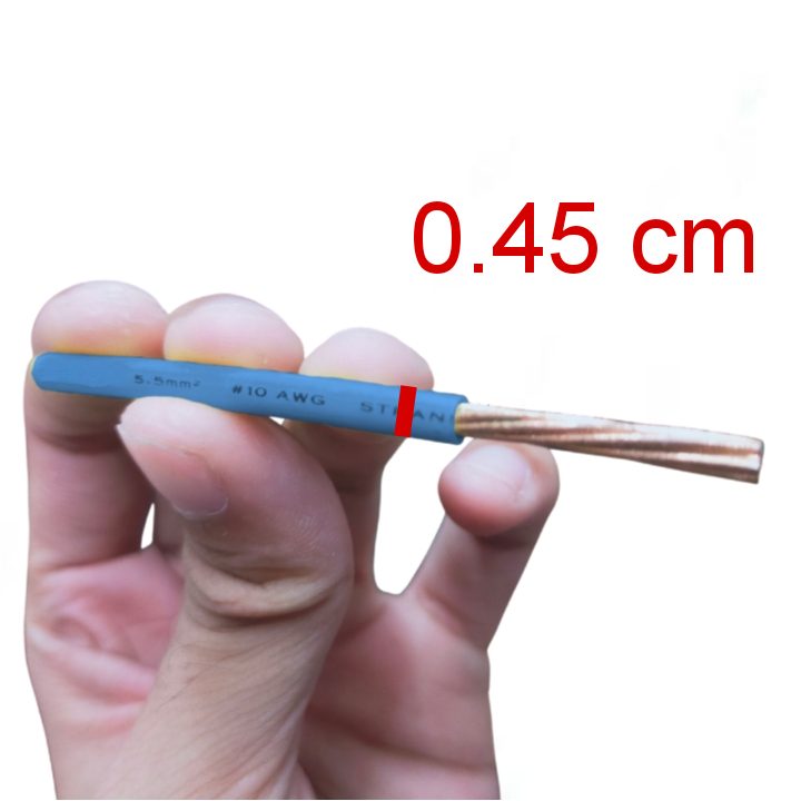 Royu AWG 10 THHN-THWN Stranded Wire Blue held in hand showing stripped copper strands and insulation marking