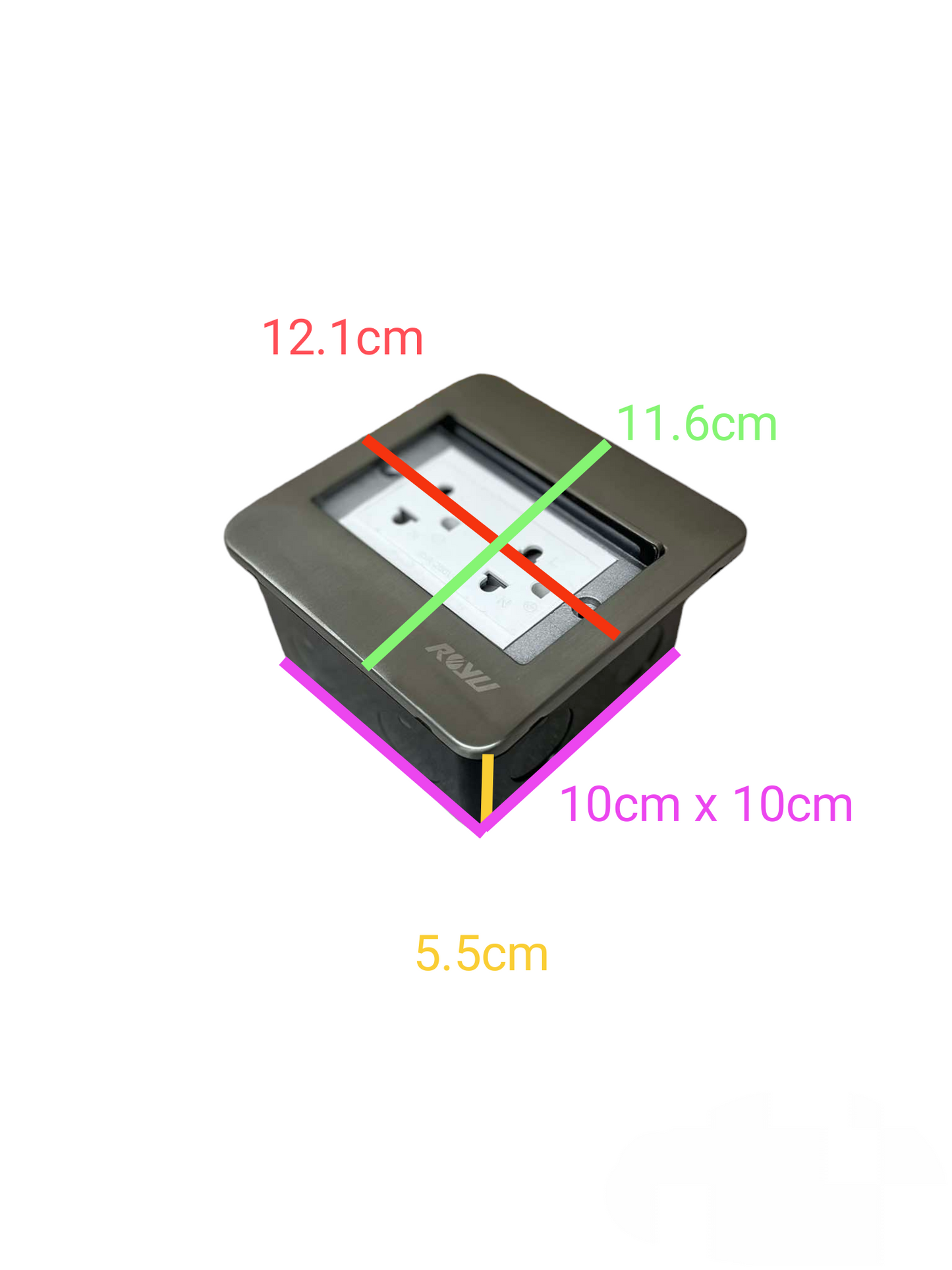 Royu Duplex Universal Outlet with Ground 16A in black with dimensions for power points and switches
