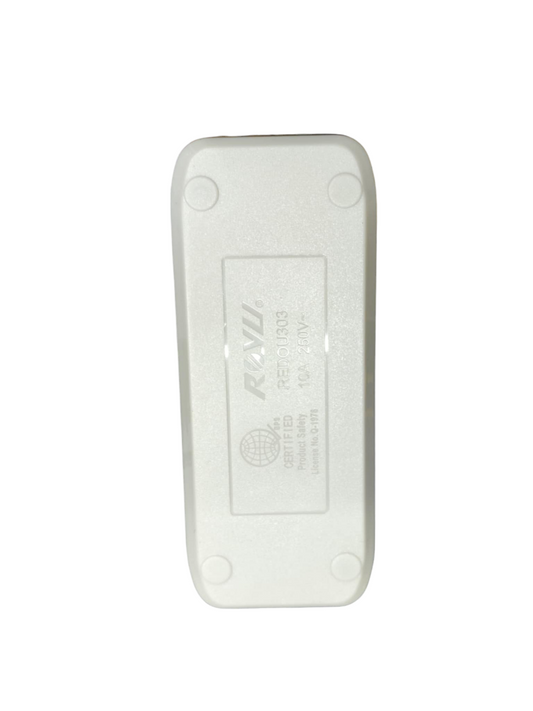 Royu 3 gang flat pin outlet white plastic rectangular back view showing embossed logo and mounting screw recesses