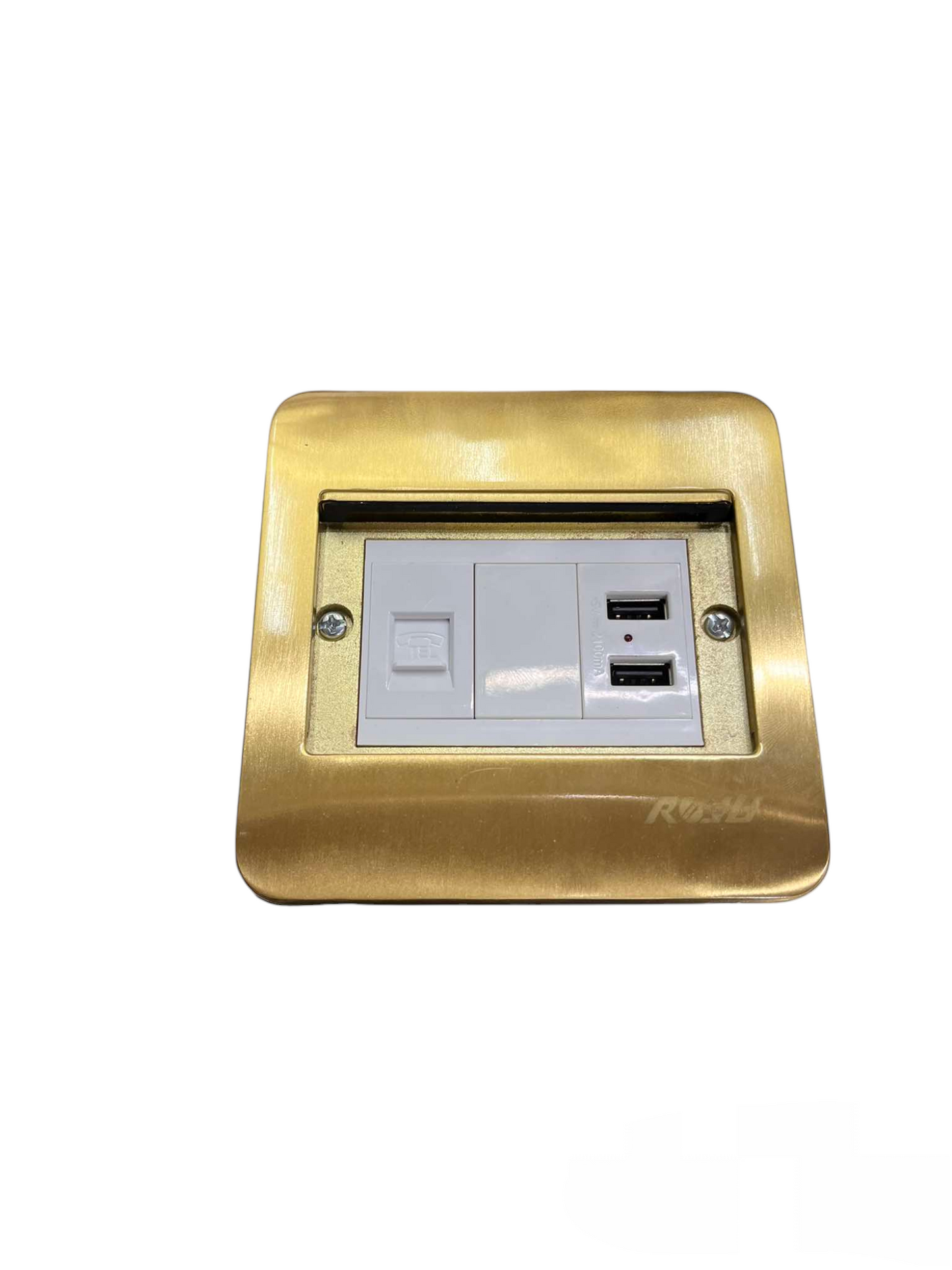Royu Floor Outlet 2 Port USB Outlet 2100mAh with gold finish and dual USB charger ports