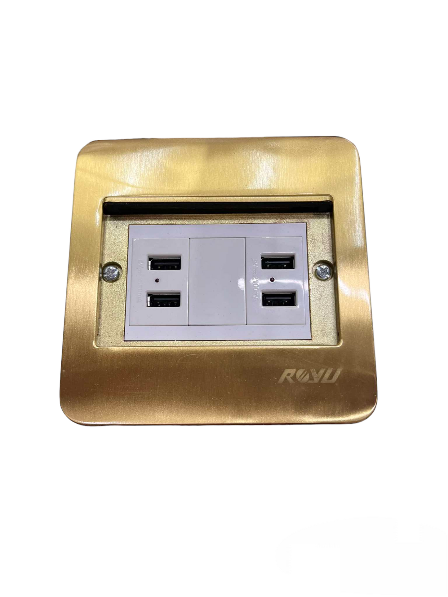 Royu Floor Outlet 4 Port USB Outlet with gold metal frame and white USB charging ports