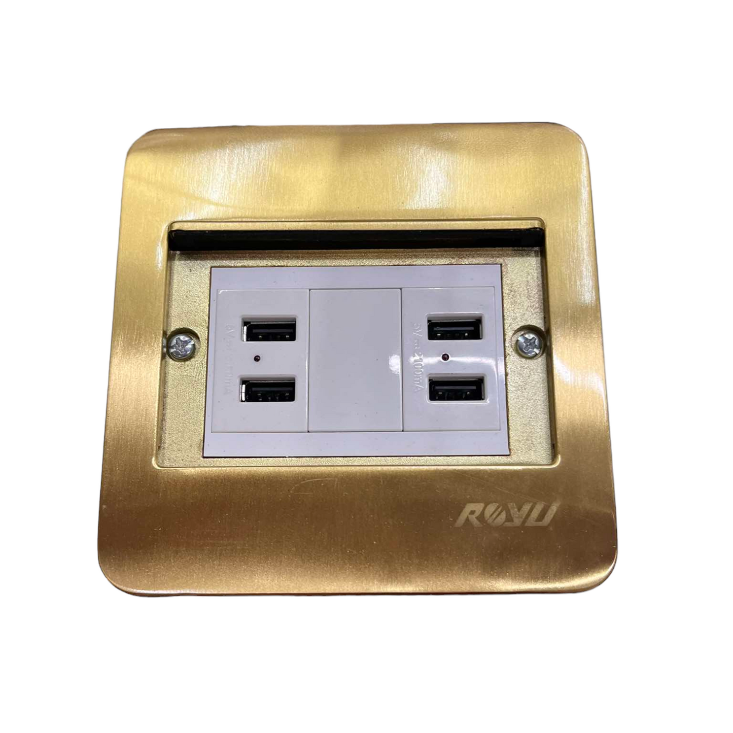 Royu Floor Outlet 4 Port USB Outlet with gold metal frame and white USB charging ports