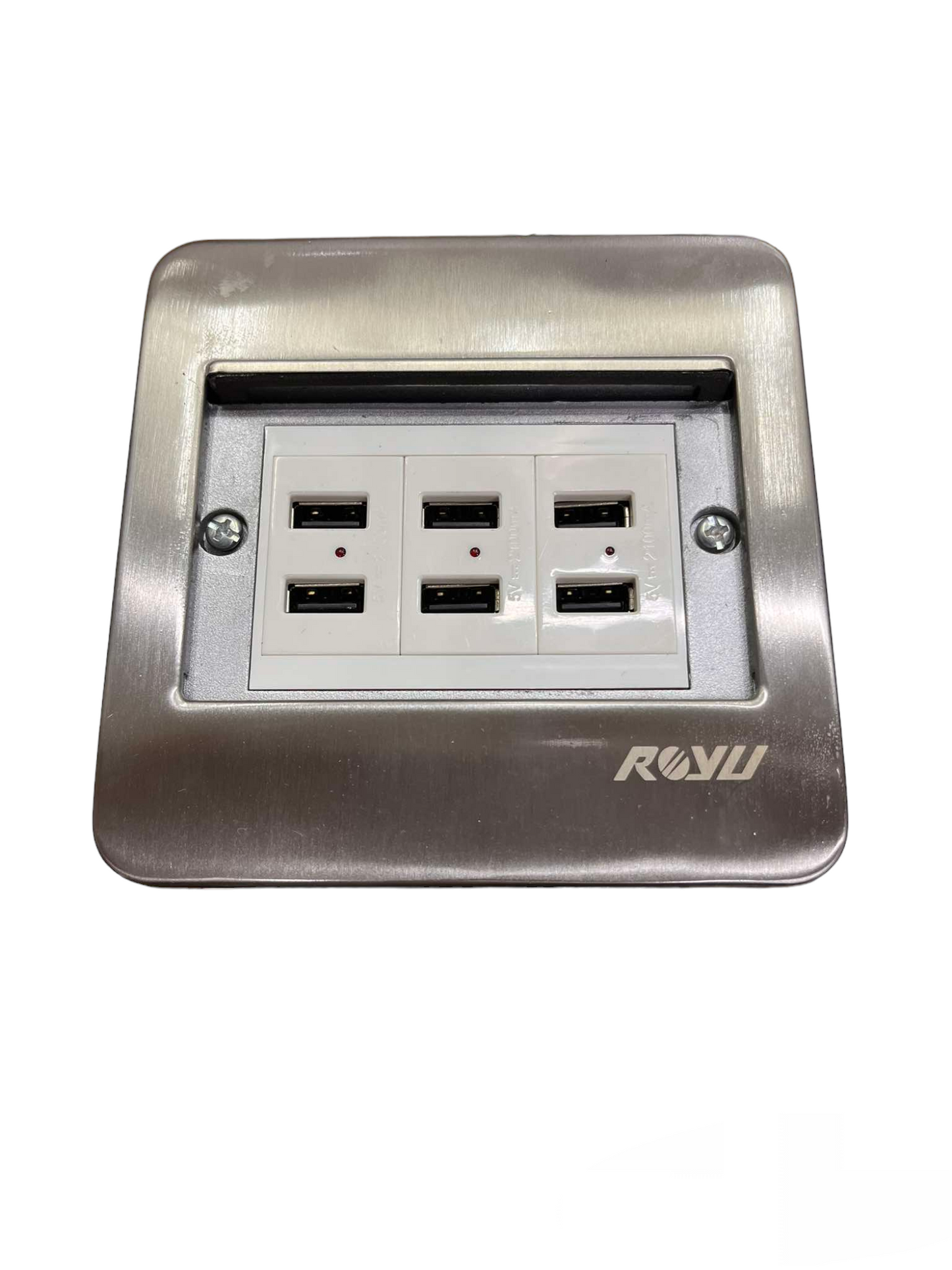 Royu Floor Outlet 6 Port USB Outlet with stainless steel cover and six USB charging ports