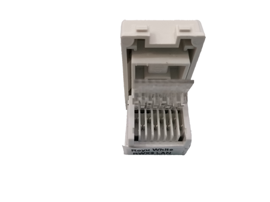 Royu LAN Outlet RWX3 white network connector with open hinged cover showing internal terminals