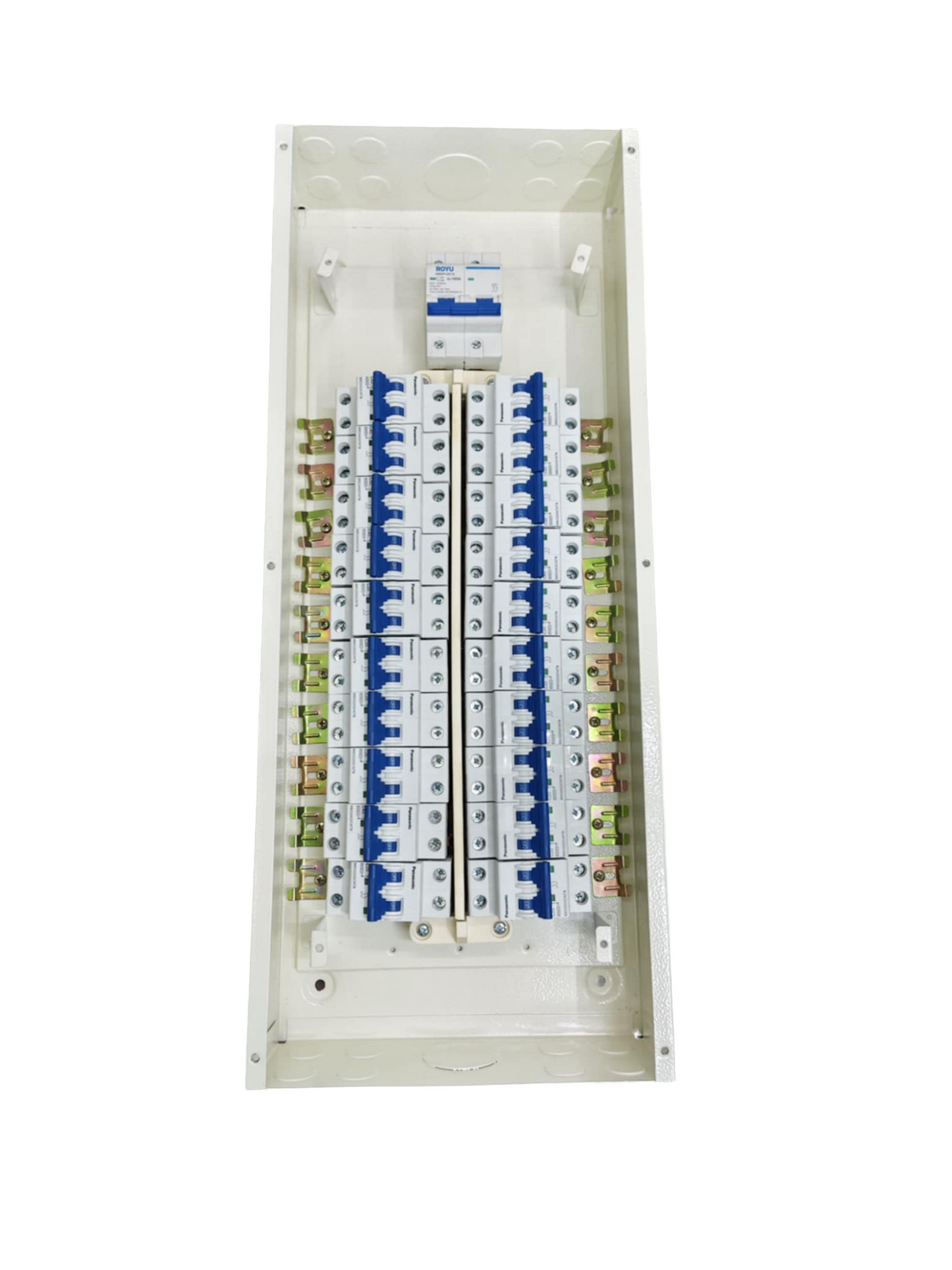 Royu Panel Board 125A 2Pole Main electrical circuitry with multiple circuit breakers and white enclosure